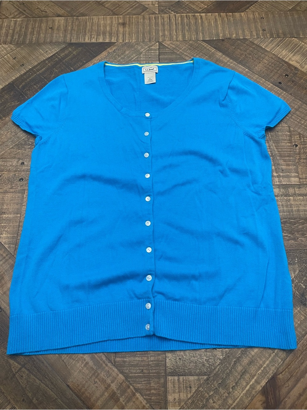 L.L. Bean Women's 100% Cotton Short Sleeve Cardigan Sweater Bright Blue